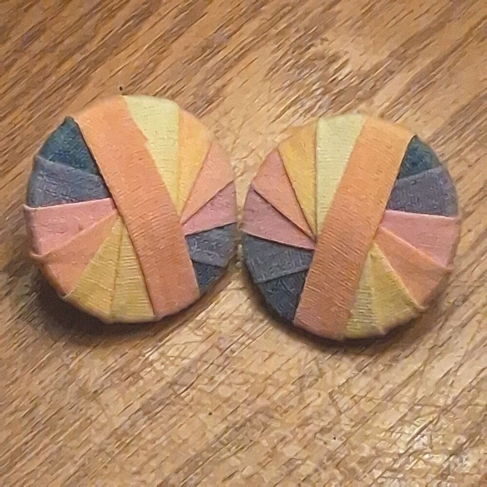 Vintage 80s Colorful Fabric Wrapped Pinwheel Button Clip On Earrings Retro...